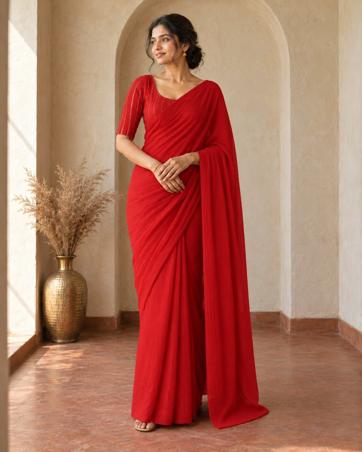 Plain red crush chiffon saree draped full length, with the zari-striped red blouse