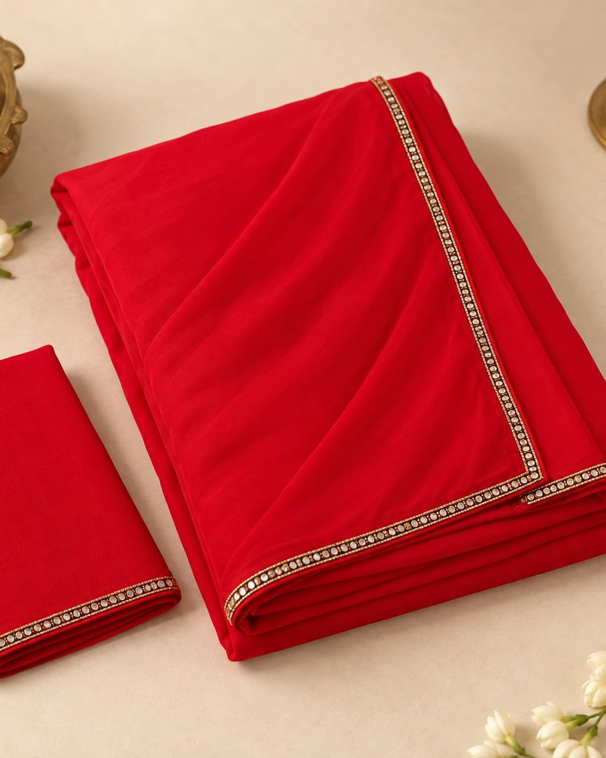 Red georgette saree folded, showing the mirror work border
