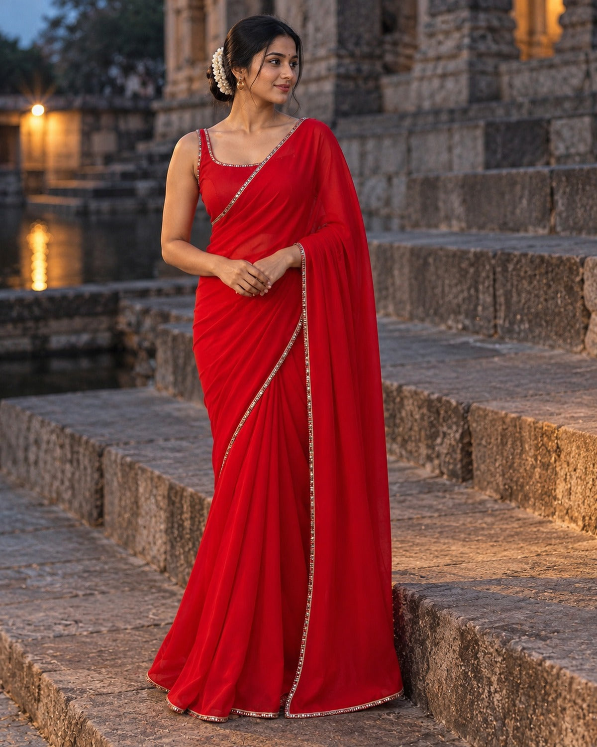 Model wearing the red georgette saree with mirror work lace border on old stone steps at dusk