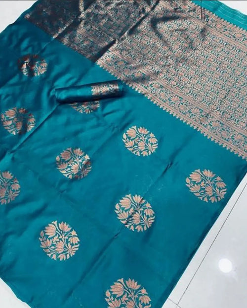 Teal blue Banarasi silk saree with copper floral zari motifs and matching blouse piece