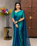 Teal and royal blue ombré tissue saree draped, front view