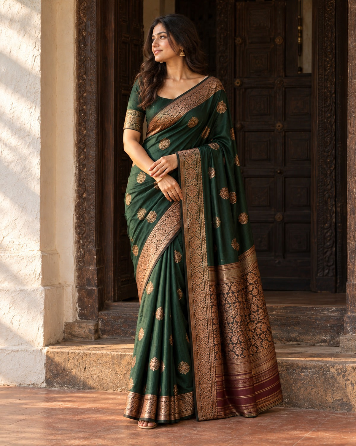 Forest green Banarasi silk saree with copper zari floral motifs and broad woven border, worn